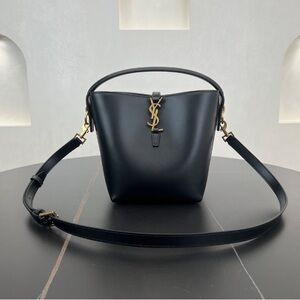 Yves Saint Laurent Black Leather Bucket Shoulder Bag with Gold YSL Logo